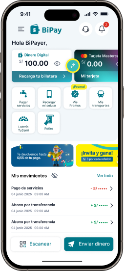 <p>Toca el &iacute;cono celeste ubicado entre tu Billetera y Tarjeta BiPay Mastercard</p>